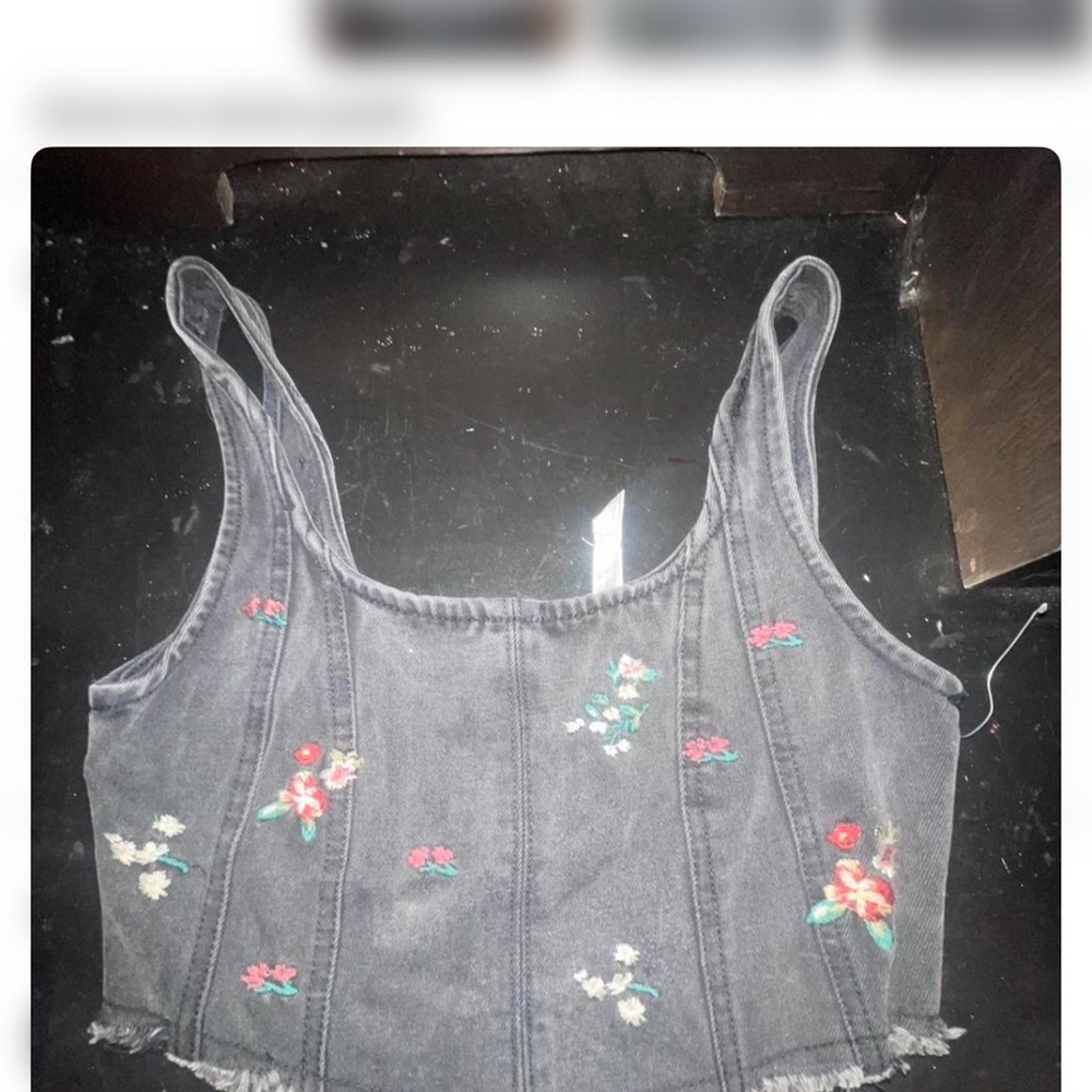 Embroidered Floral Denim Crop Top